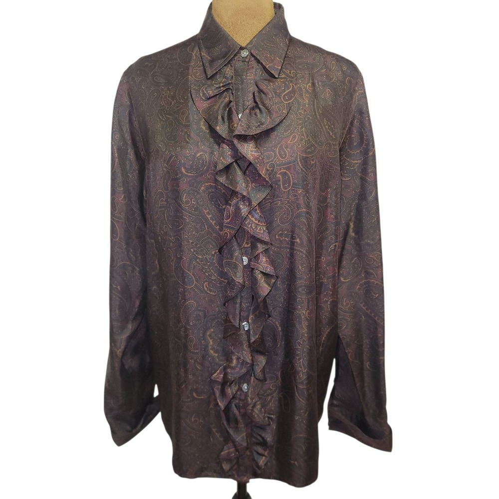 Vintage Lauren Ralph Lauren Silk Blouse Womens M Ruffle Front Dark Paisley Top